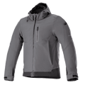 Alpinestars Neo Waterproof Hoodie, veste de moto urbaine, gris goudron et noir, veste à capuche à fermeture éclair frontale avec poche poitrine, poignets Velcro réglables, softshell technique résistant aux intempéries, design moderne et épuré