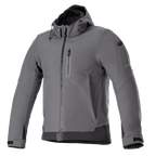 Alpinestars Neo Waterproof Hoodie, veste de moto urbaine, gris goudron et noir, veste à capuche à fermeture éclair frontale avec poche poitrine, poignets Velcro réglables, softshell technique résistant aux intempéries, design moderne et épuré