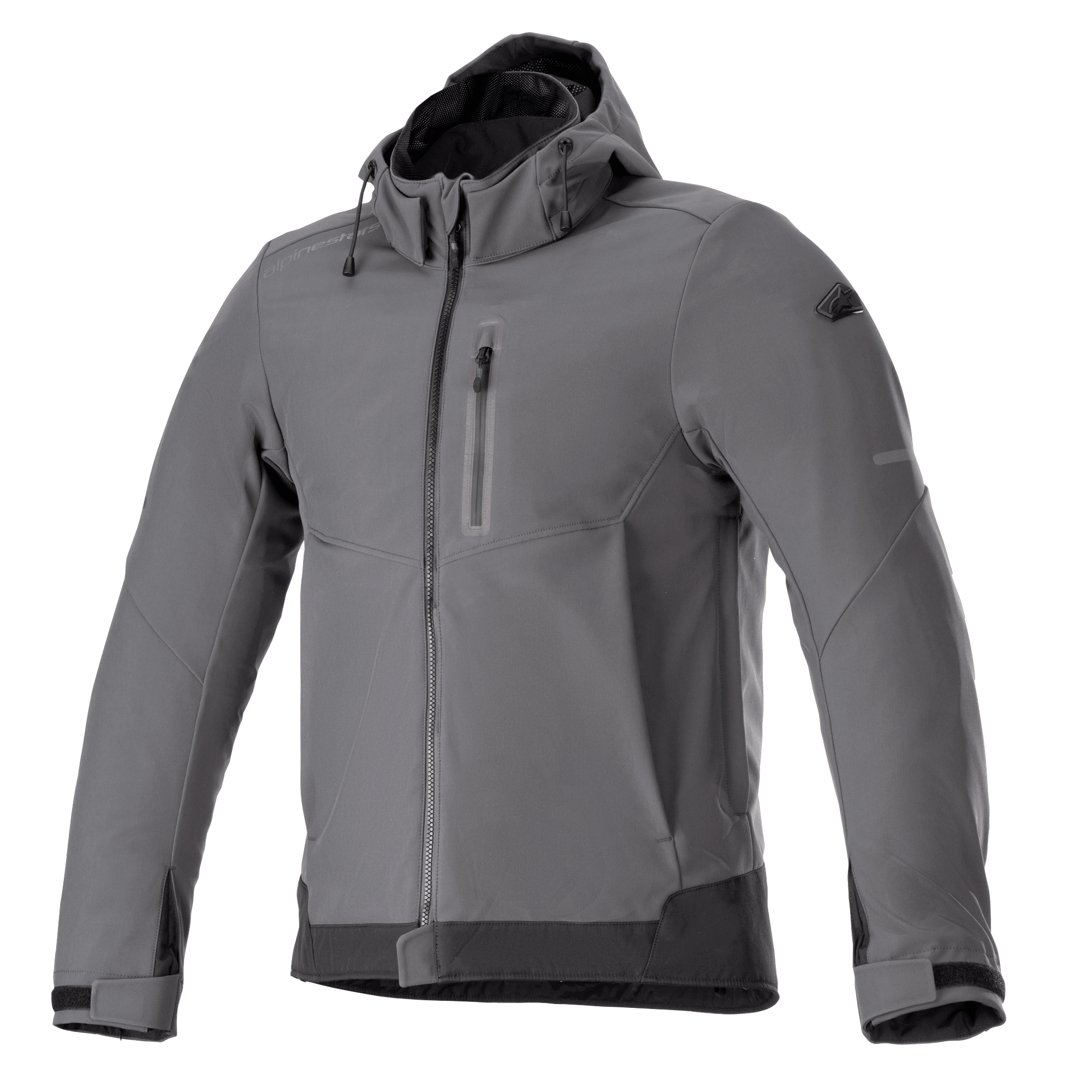Alpinestars Neo Waterproof Hoodie, veste de moto urbaine, gris goudron et noir, veste à capuche à fermeture éclair frontale avec poche poitrine, poignets Velcro réglables, softshell technique résistant aux intempéries, design moderne et épuré