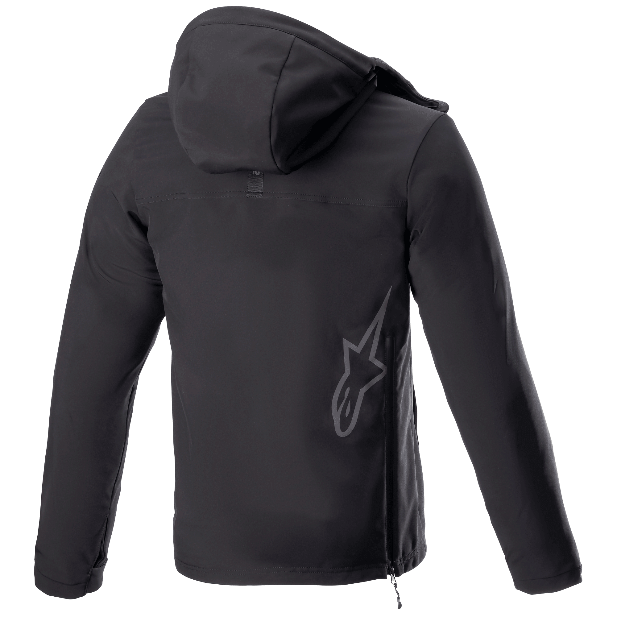 Alpinestars Sherpa Hoodie, veste de moto urbaine à capuche, Black Reflex, vue arrière avec un grand logo étoile Alpinestars réfléchissant dans le bas du dos, fermeture éclair latérale et capuche, conception softshell coupe-vent.