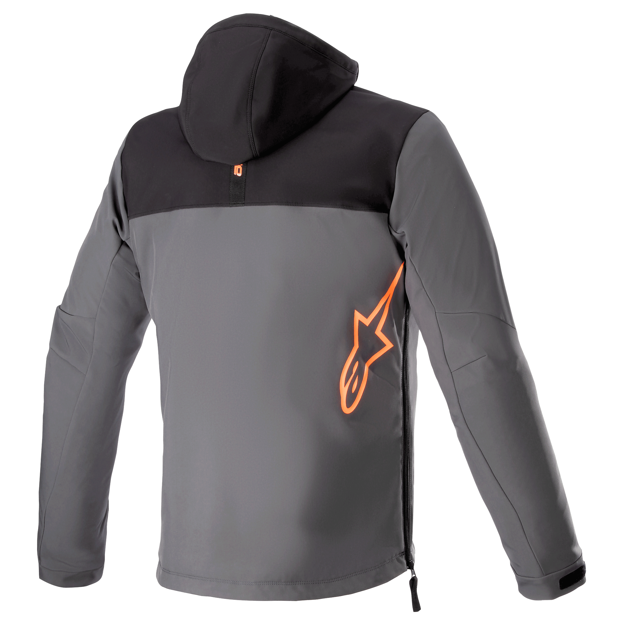 Alpinestars Sherpa Hoodie, achteraanzicht, technische motorjas in zwart en grijs, groot fluorescerend oranje Alpinestars-logo op de onderrug, zijrits, softshell urban motorkleding