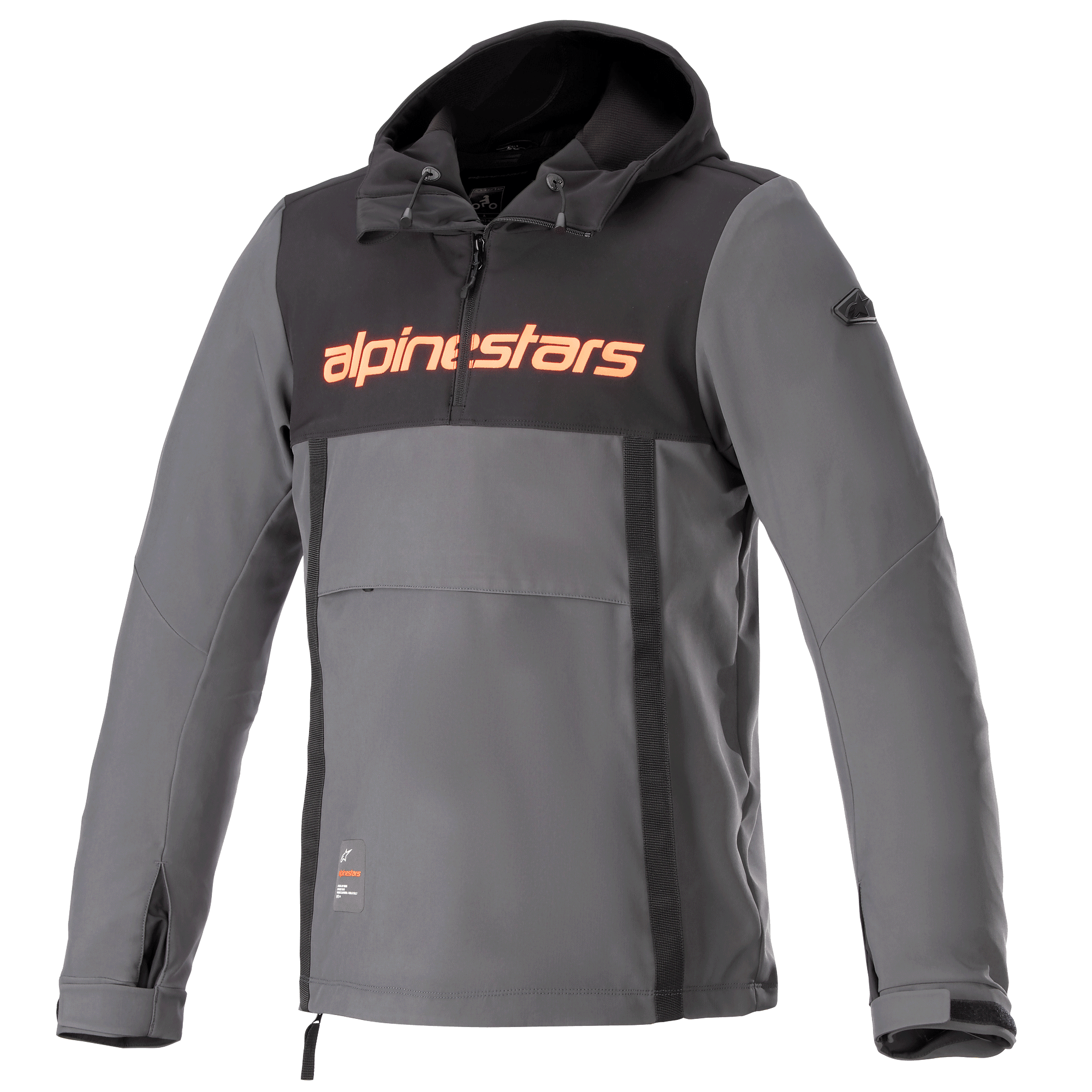 Alpinestars Sherpa Hoodie, technische urban motorjas, grijs met zwart borstpaneel en oranje logo, anorak-stijl met kangoeroezak aan de voorzijde en verstelbare manchetten, winddicht softshell-ontwerp