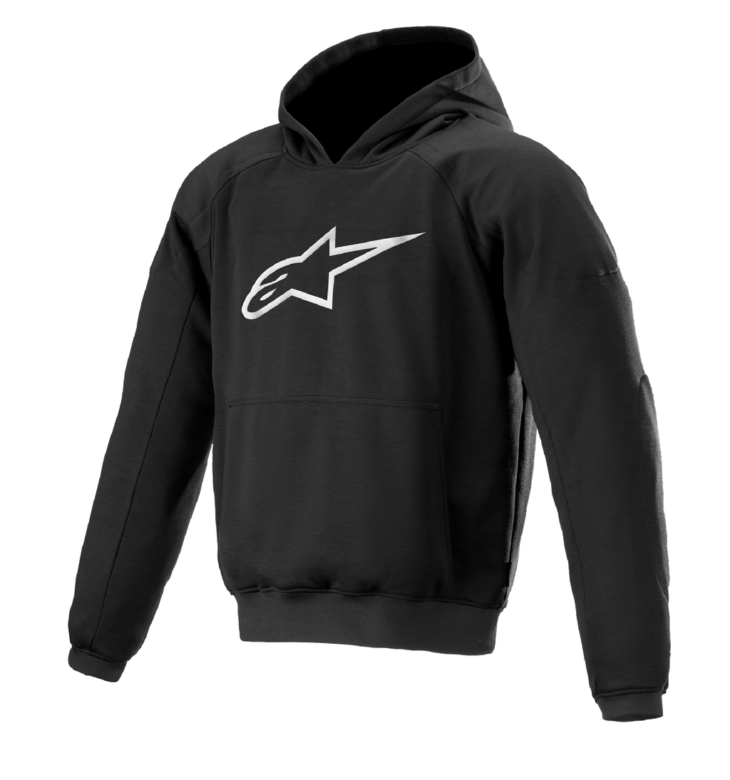 Alpinestars Ageless Hoodie, sweat à capuche de moto pour la conduite urbaine, noir avec logo étoile blanc, style pull avec poche kangourou, poignets et ourlet côtelés, design décontracté inspiré des sports mécaniques