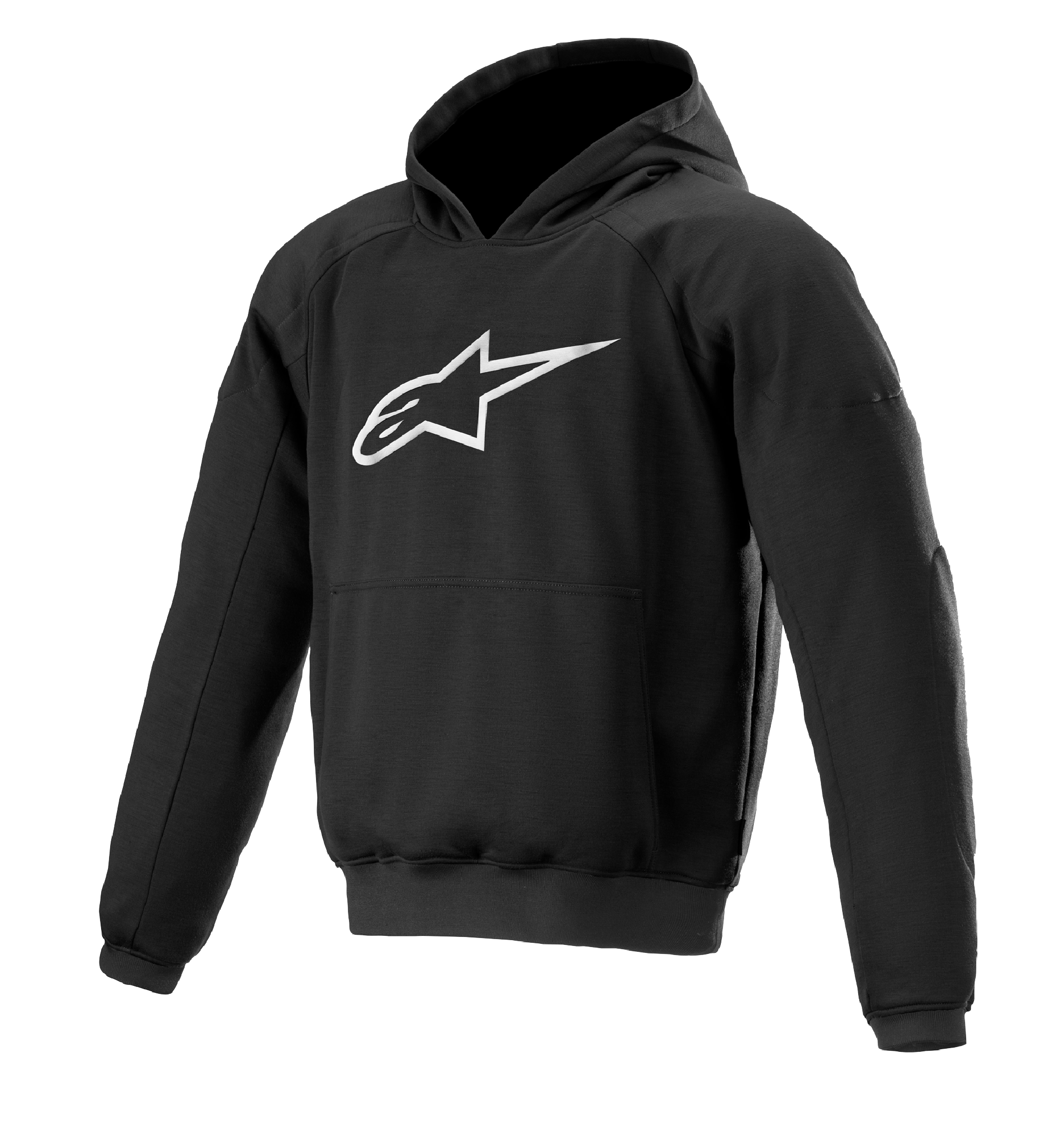 Alpinestars Ageless Hoodie, sweat à capuche de moto pour la conduite urbaine, noir avec logo étoile blanc, style pull avec poche kangourou, poignets et ourlet côtelés, design décontracté inspiré des sports mécaniques