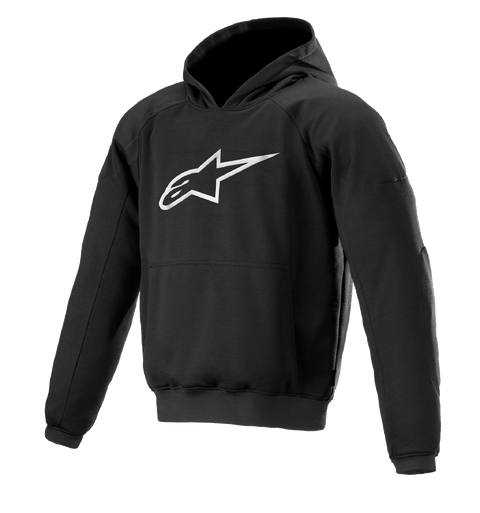 Alpinestars Ageless Hoodie, sweat à capuche de moto pour la conduite urbaine, noir avec logo étoile blanc, style pull avec poche kangourou, poignets et ourlet côtelés, design décontracté inspiré des sports mécaniques