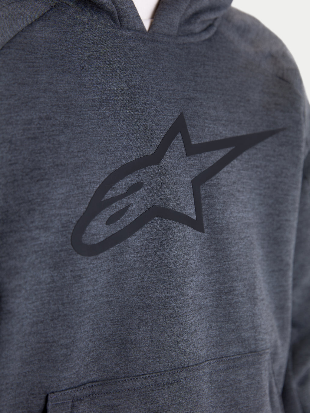 Alpinestars Ageless Hoodie, men's urban motorcycle riding hoodie, asphalt melange gray, close-up view highlighting the front chest with a large tonal Alpinestars logo and kangaroo pocket