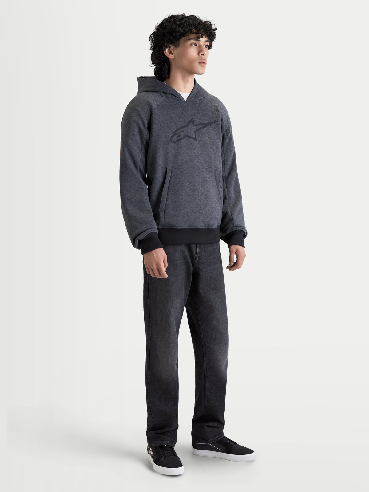 Alpinestars Ageless Hoodie, men's urban motorcycle hoodie in asphalt melange gray, front view on a model wearing casual riding apparel with CE certified shoulder and elbow armor