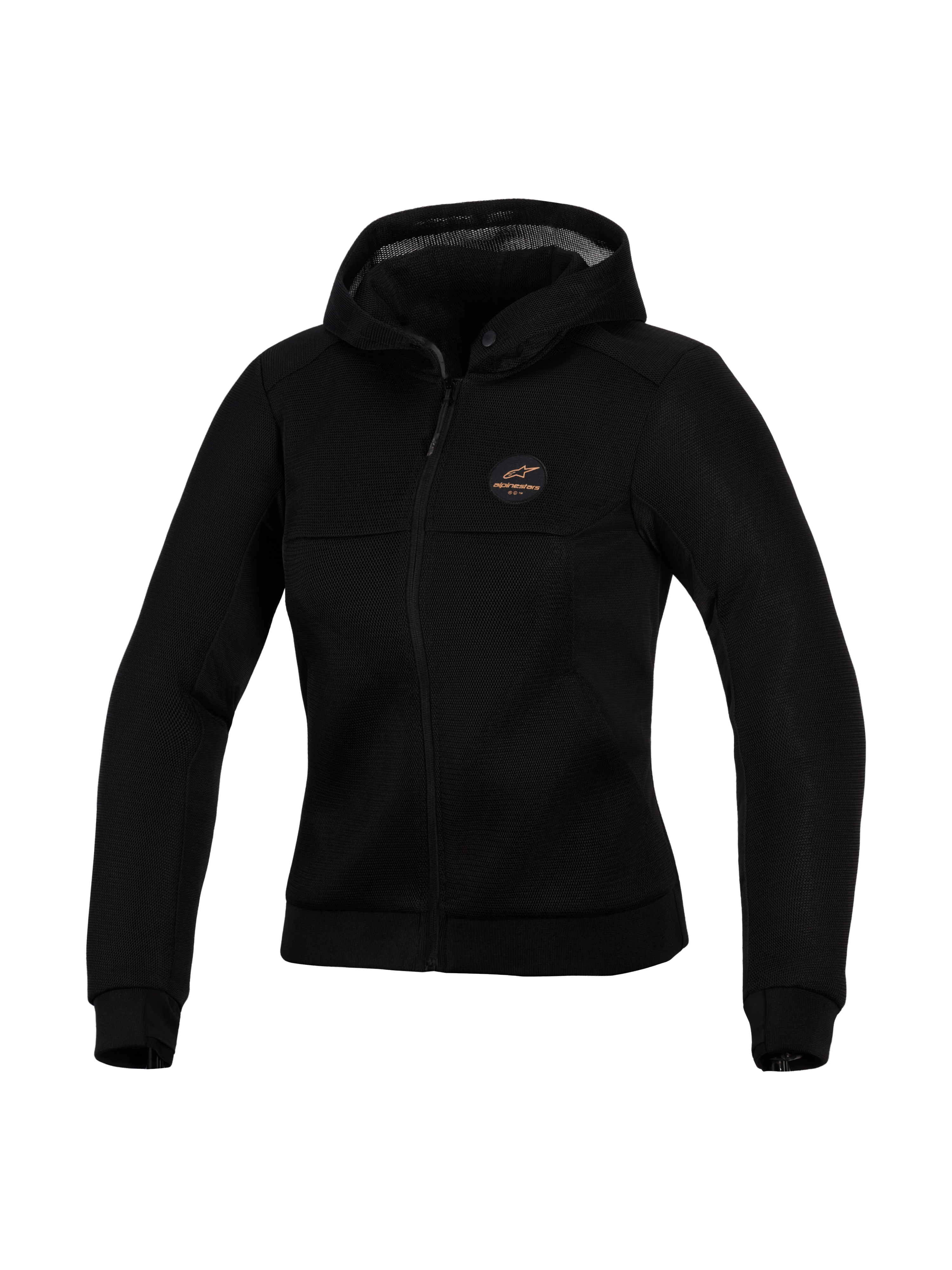 Alpinestars Stella Chrome Superairflow Hoodie, sweat à capuche technique de moto pour femme, noir, doté d'une construction en maille 3D, d'un écusson logo cuivré sur la poitrine, d'une fermeture éclair intégrale et d'une capuche, conçu pour une ventilation maximale et une protection urbaine