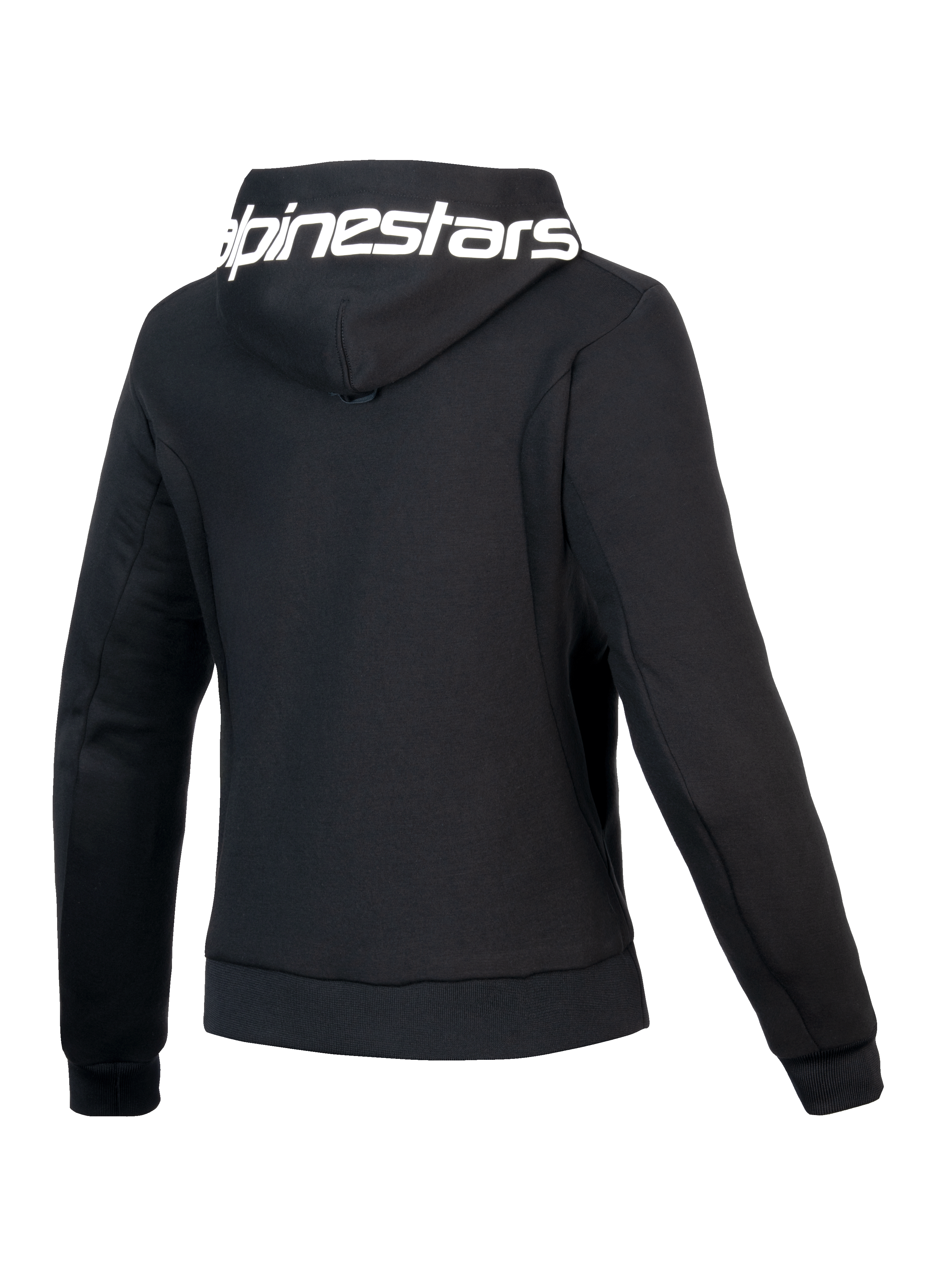 Alpinestars Stella Chrome V2 Sport Hoodie, Women's Motorcycle Hoodie, Black and White, CE Certified Class A, back view showing branded hood and athletic fit