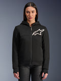 Alpinestars Stella Chrome V2 Sport Hoodie pour femme, sweat à capuche de moto zippé noir, logo étoile blanc sur la poitrine, construction en polaire technique, capuche avec bouton-pression au col, équipement urbain performant et décontracté