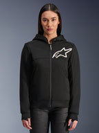 Alpinestars Stella Chrome V2 Sport Hoodie pour femme, sweat à capuche de moto zippé noir, logo étoile blanc sur la poitrine, construction en polaire technique, capuche avec bouton-pression au col, équipement urbain performant et décontracté