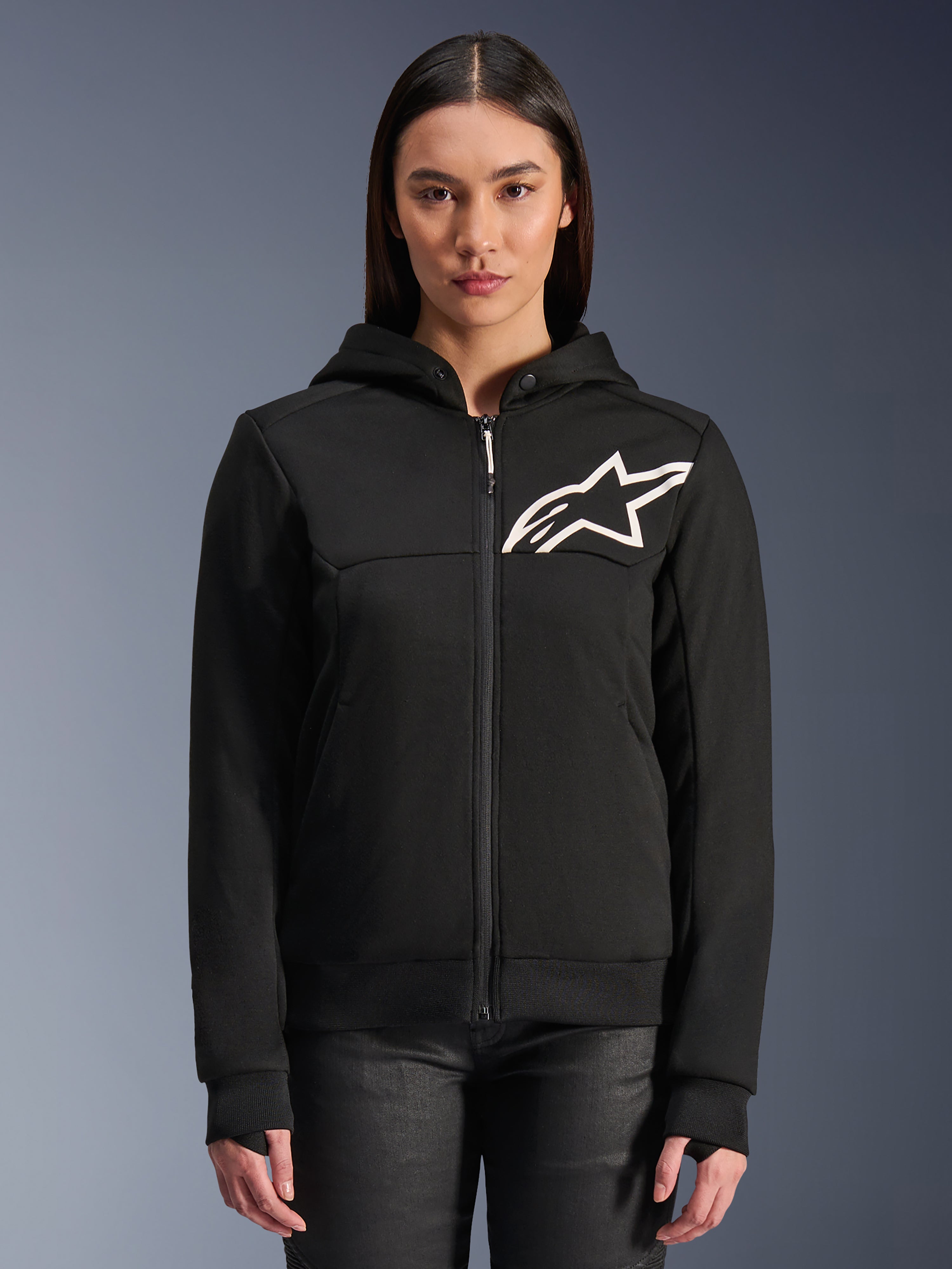 Alpinestars Woman Stella Chrome V2 Sport Hoodie, women's black zip-up motorcycle hoodie, white star logo on chest, tech fleece construction, hood with snap collar button, casual urban performance gear