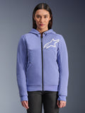 Alpinestars Stella Chrome V2 Sport Hoodie, dames motorhoodie, blauwviolet met wit sterlogo, doorlopende ritssluiting aan de voorzijde, capuchonsluiting met drukknopen, tech fleece-materiaal voor stadsritten, casual beschermend motorjack