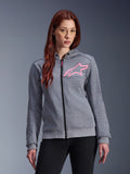 Alpinestars Stella Chrome V2 Sport Hoodie, motorhoodie voor dames, grijs gemêleerd met fluoroze sterlogo, tech fleece stof met geribbelde manchetten en zoom, zwarte rits aan de voorzijde met roze trekker, casual urban riding streetwear gedragen met zwarte broek