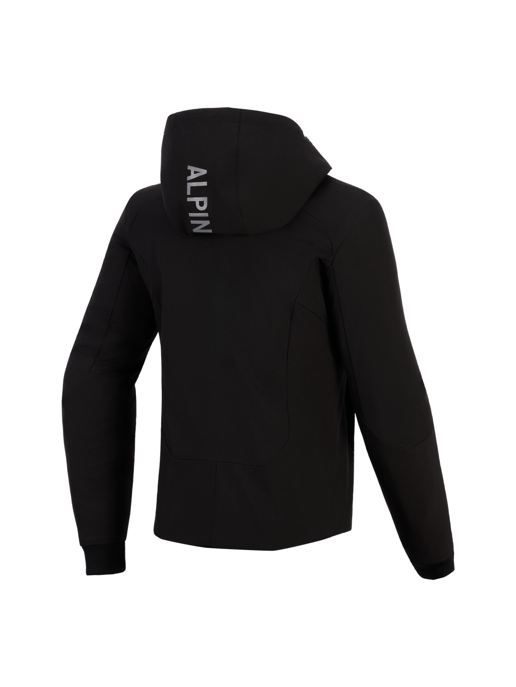 Alpinestars Stella Radium Tech Hoodie voor dames, achteraanzicht, zwarte technische motorhoodie, voorzien van verticale 'ALPIN' tekst op de capuchon, geribbelde stretch manchetten, beschermende urban motorkleding voor dames