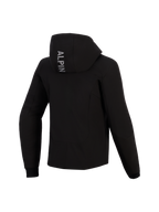 Alpinestars Stella Radium Tech Hoodie voor dames, achteraanzicht, zwarte technische motorhoodie, voorzien van verticale 'ALPIN' tekst op de capuchon, geribbelde stretch manchetten, beschermende urban motorkleding voor dames