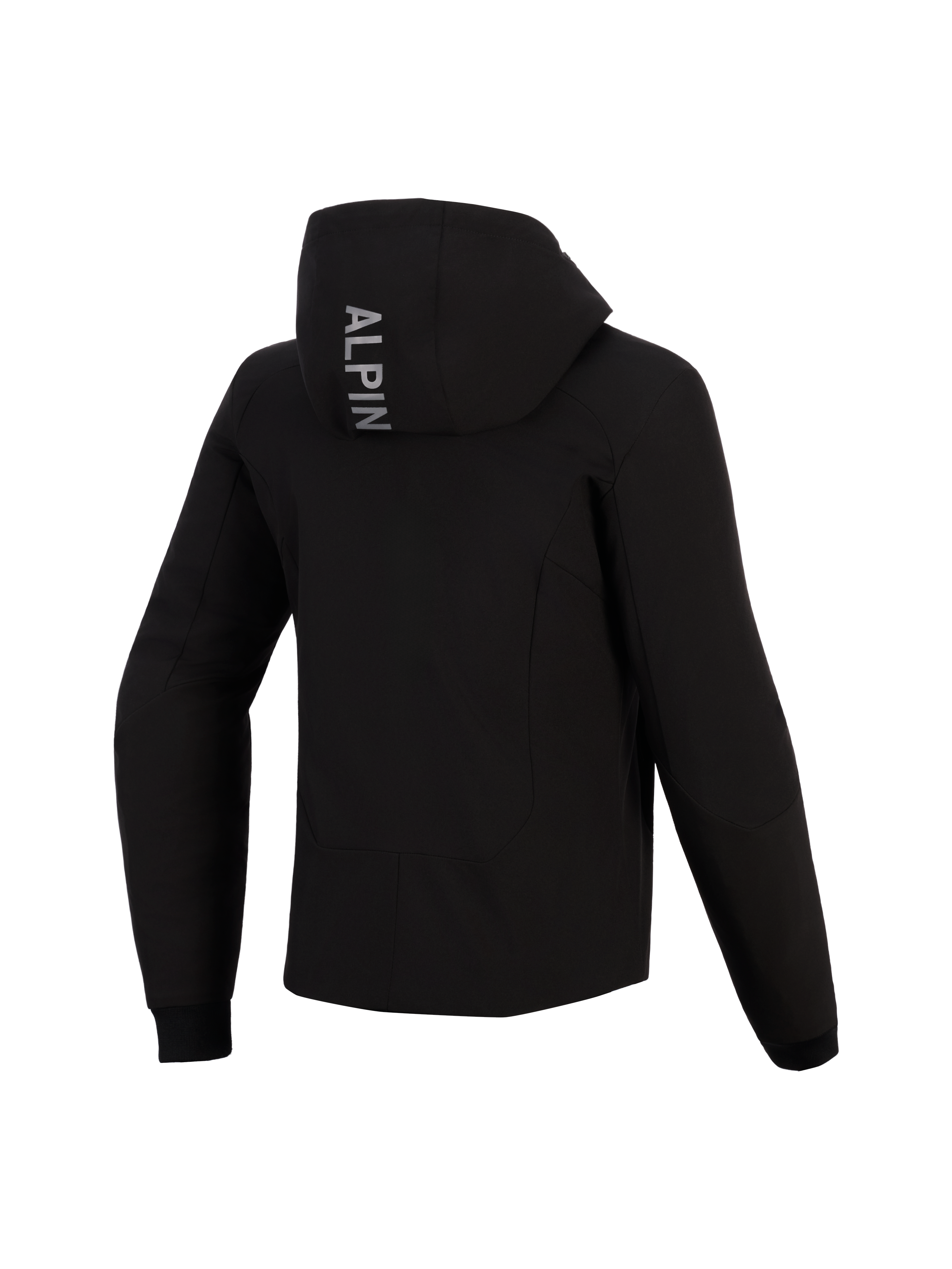 Alpinestars Stella Radium Tech Hoodie voor dames, achteraanzicht, zwarte technische motorhoodie, voorzien van verticale 'ALPIN' tekst op de capuchon, geribbelde stretch manchetten, beschermende urban motorkleding voor dames