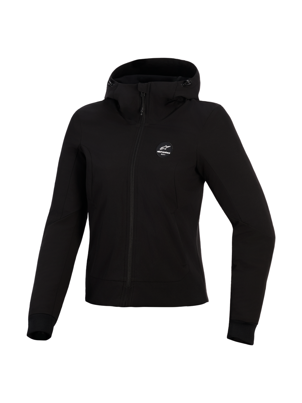 Alpinestars Stella Radium Tech Hoodie, motorhoodie voor dames, zwart, 3-laags winddichte tech shell, vooraanzicht, capuchon met trekkoord en geribde manchetten, urbane beschermende motorkleding