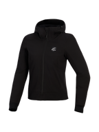 Alpinestars Stella Radium Tech Hoodie, motorhoodie voor dames, zwart, 3-laags winddichte tech shell, vooraanzicht, capuchon met trekkoord en geribde manchetten, urbane beschermende motorkleding