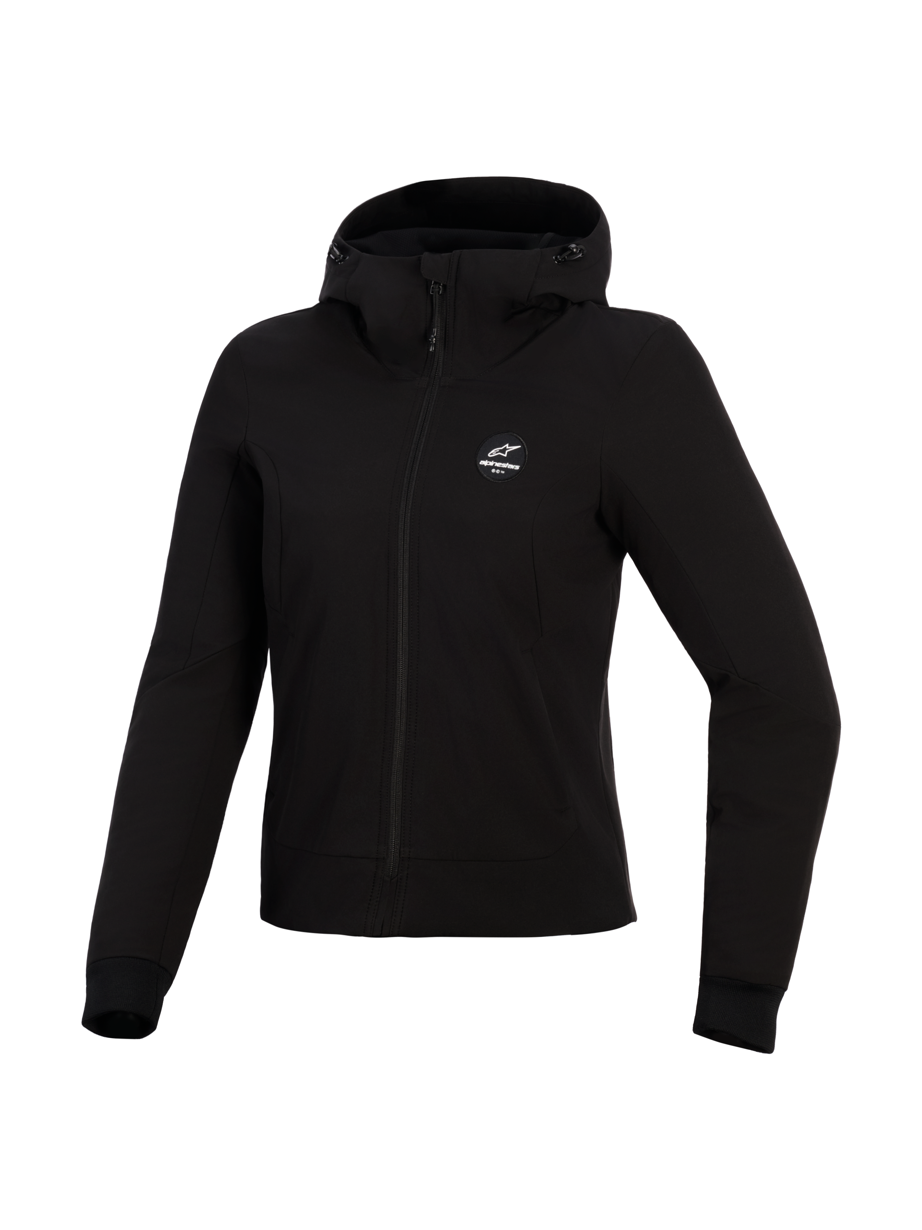 Alpinestars Stella Radium Tech Hoodie, motorhoodie voor dames, zwart, 3-laags winddichte tech shell, vooraanzicht, capuchon met trekkoord en geribde manchetten, urbane beschermende motorkleding