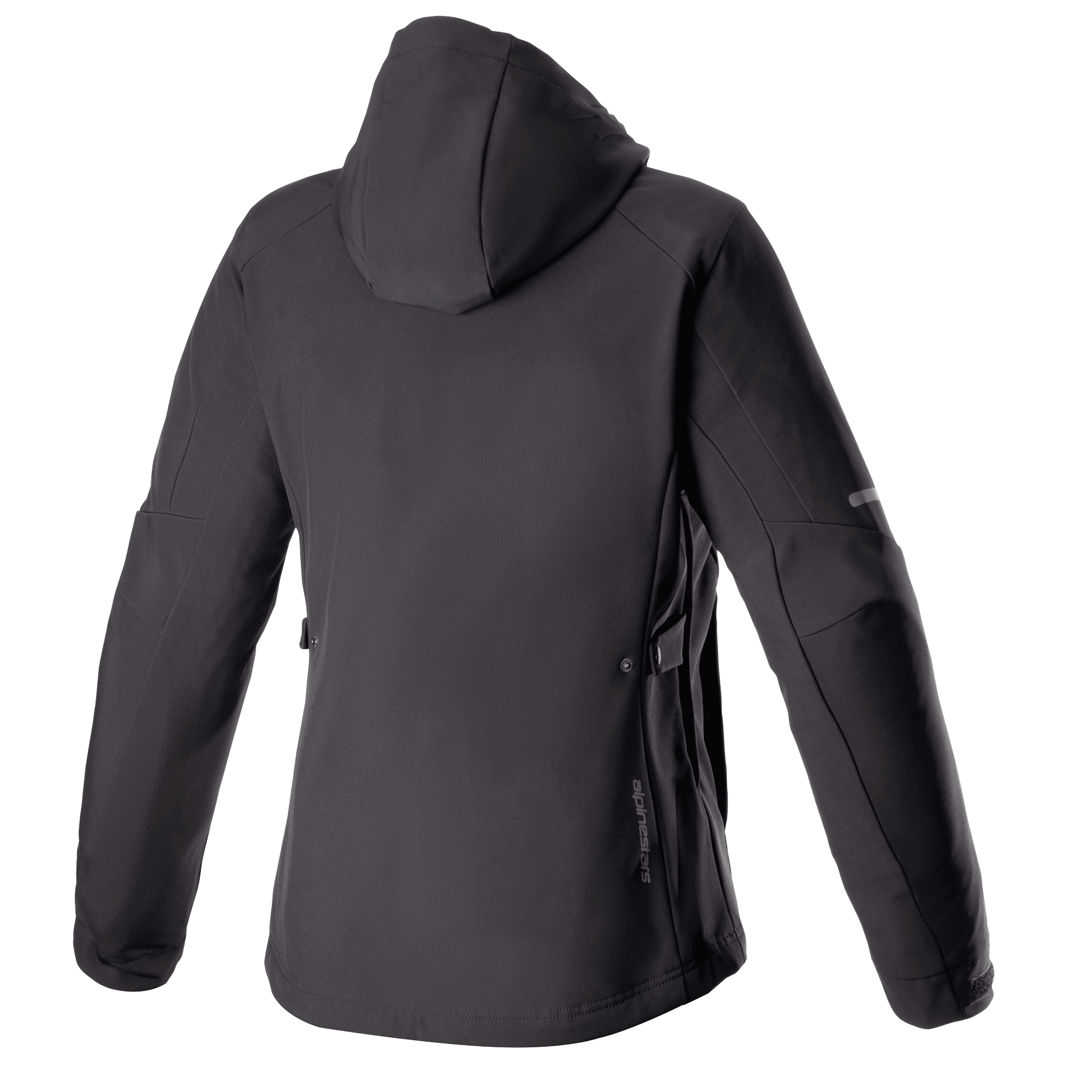 Alpinestars Stella Neo Wasserdichte Kapuzenjacke für Damen, Rückansicht, Schwarz Schwarz, mit technischer Softshell-Konstruktion, abnehmbarer Kapuze, dezentem vertikalen Branding am unteren Rücken und einer stromlinienförmigen, frauenspezifischen Passform für Fahrten in der Stadt.