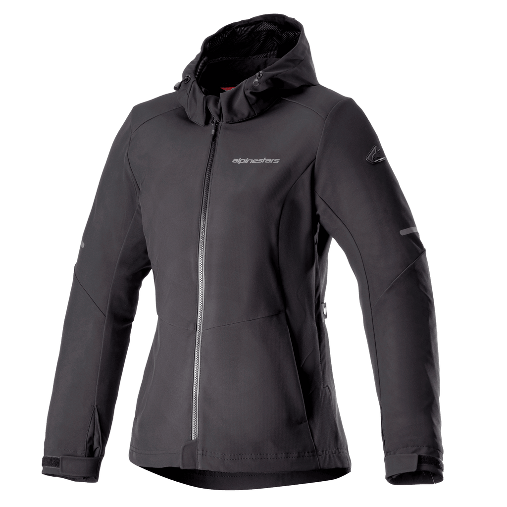 Alpinestars Stella Neo Wasserdichter Hoodie, Motorradjacke für Damen, Schwarz, Kapuzendesign mit zentralem Frontreißverschluss, verstellbare Bündchen, technisches Softshell-Gewebe, taillierte Damenpassform mit Branding auf der Brust