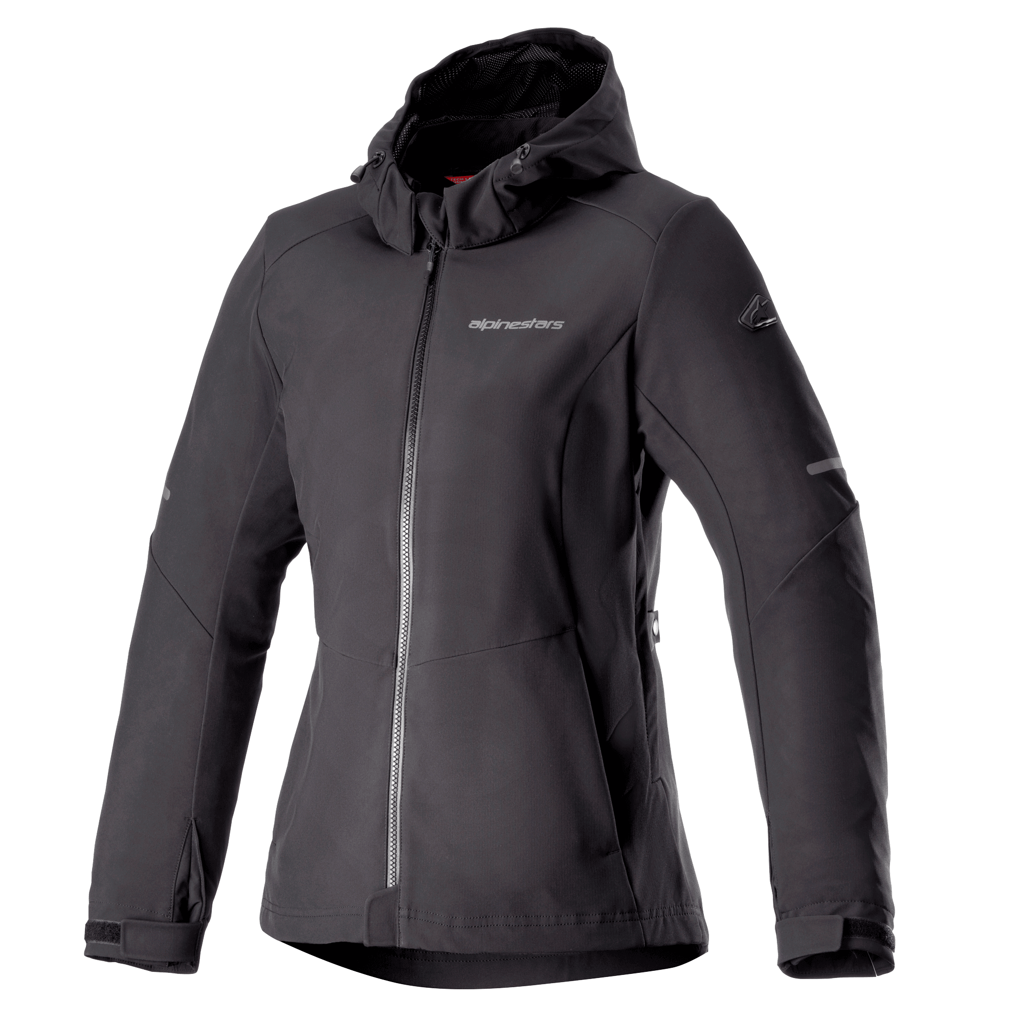 Alpinestars Stella Neo Wasserdichter Hoodie, Motorradjacke für Damen, Schwarz, Kapuzendesign mit zentralem Frontreißverschluss, verstellbare Bündchen, technisches Softshell-Gewebe, taillierte Damenpassform mit Branding auf der Brust