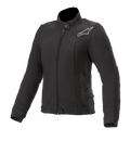 Alpinestars Banshee Damen-Fleecejacke, schwarze Motorradjacke, hoher Kragen mit Druckknopf und Frontreißverschluss, grau besticktes Astars-Logo auf der Brust, Rippbündchen an Ärmeln und Saum, tailliertes Urban-Riding-Design