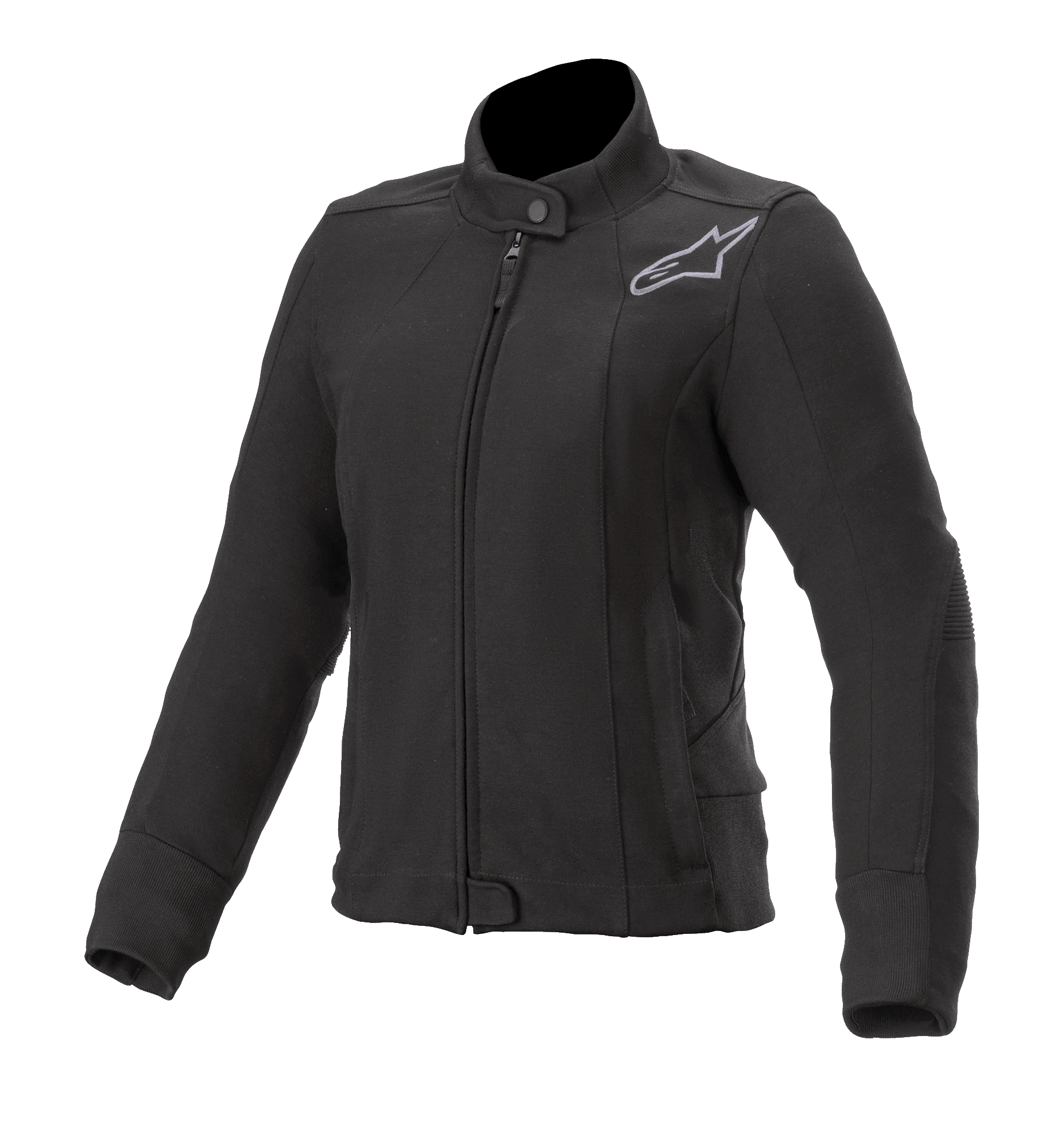 Alpinestars Banshee Damen-Fleecejacke, schwarze Motorradjacke, hoher Kragen mit Druckknopf und Frontreißverschluss, grau besticktes Astars-Logo auf der Brust, Rippbündchen an Ärmeln und Saum, tailliertes Urban-Riding-Design