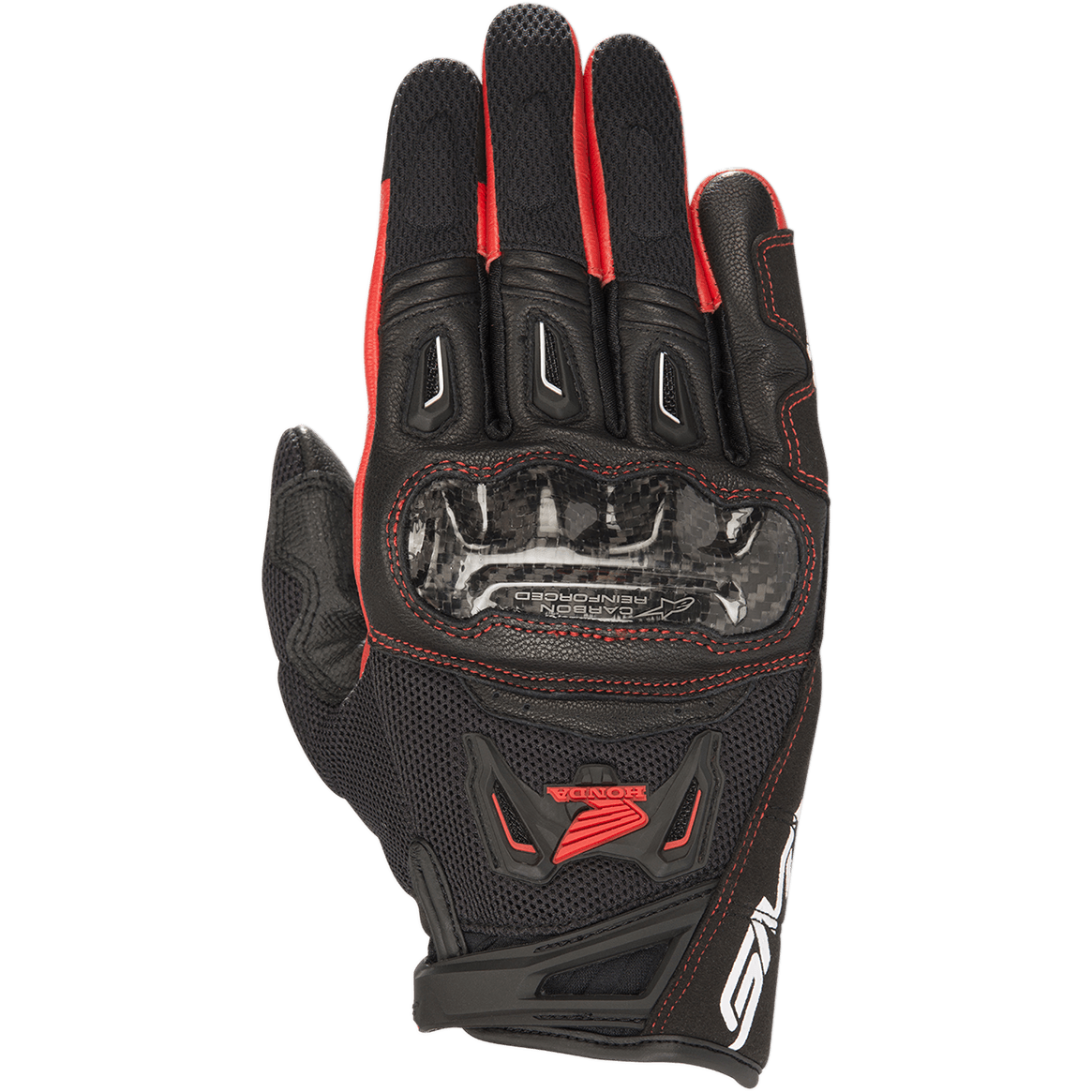 Alpinestars Honda SMX-2 Air Carbon V2 handschoenen, sportieve motorhandschoenen, zwart en rood, voorzien van een carbon knokkelbeschermer, 3D-mesh en lederen constructie, rood Honda wing-logo en stiksels, kort manchetontwerp voor sportief rijden op de weg.