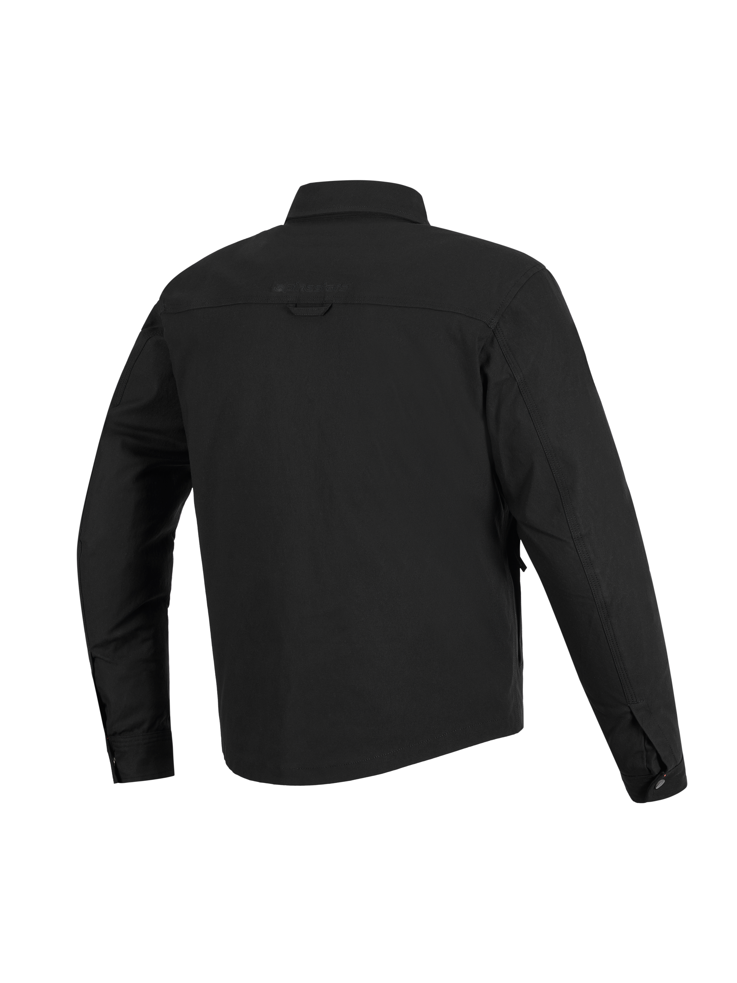 Surchemise Alpinestars Bryon Water Resistant, noire, vue arrière, dotée d'une construction en toile cirée durable, d'un empiècement horizontal aux épaules, d'une boucle de suspension au dos et d'un dos légèrement plus long pour une protection accrue à moto.