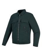 Alpinestars Bryon Water Resistant Overshirt, Motorcycle Jacket, Dark Emerald green, workwear-inspired design with waxed canvas, two chest cargo pockets, metal D-ring, and full-length front zipper.