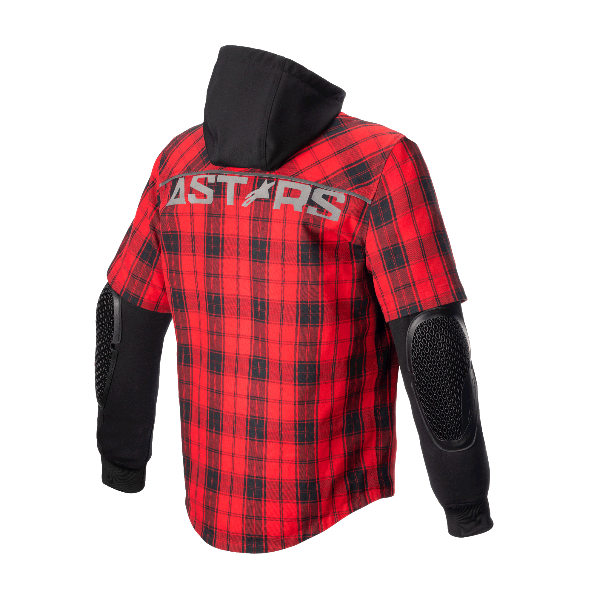 Alpinestars MO.ST.EQ Tartan Shirt, veste-chemise de moto, rouge flamme et noir, vue de dos montrant le motif à carreaux rouges, capuche noire, manches longues noires avec protections de coudes en nid d'abeille apparentes et marquage ASTARS sur les épaules