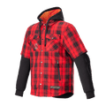 Alpinestars MO.ST.EQ Tartan Shirt, chemise de moto à carreaux rouge flamme et noir, design hybride avec manches extérieures courtes et manches intérieures longues noires, capuche noire avec doublure en maille orange, devant à boutons-pression avec poches zippées, équipement de protection pour la conduite urbaine style streetwear