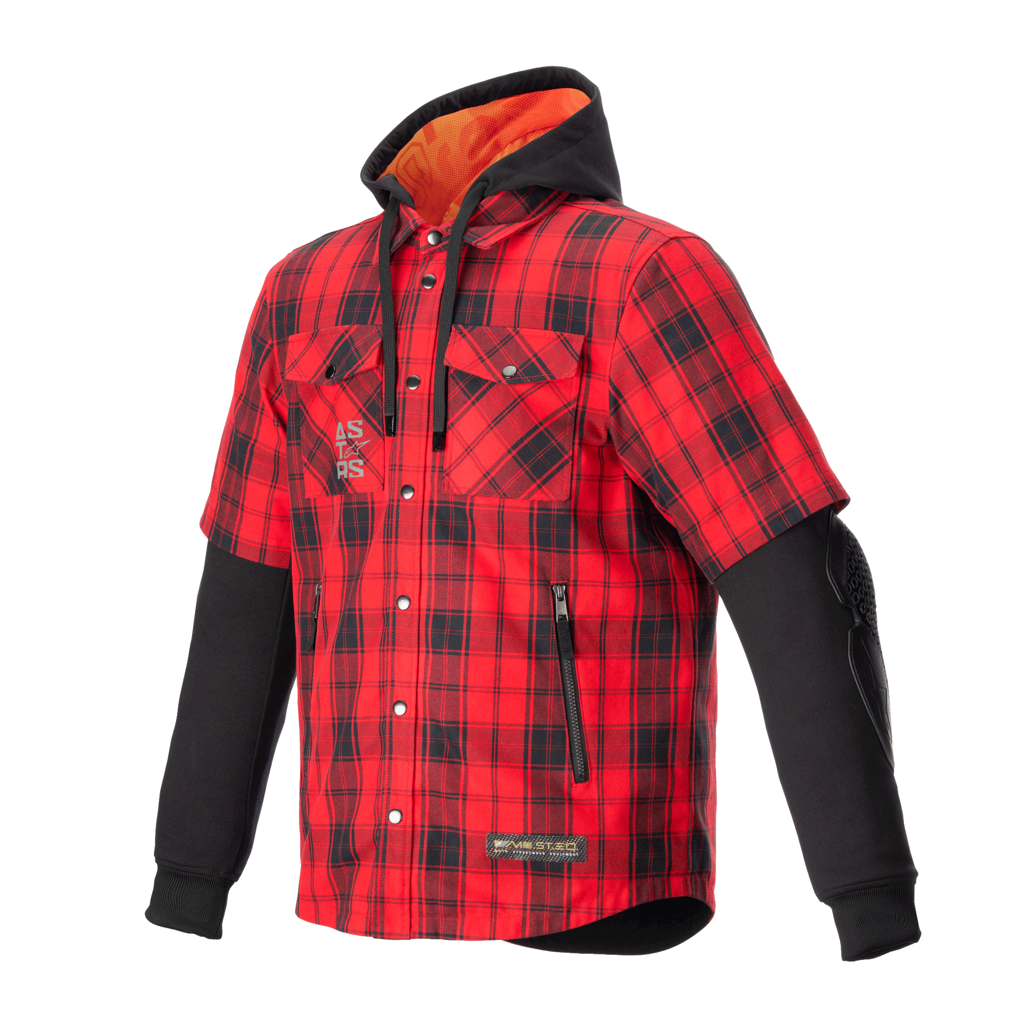 Alpinestars MO.ST.EQ Tartan Shirt, chemise de moto à carreaux rouge flamme et noir, design hybride avec manches extérieures courtes et manches intérieures longues noires, capuche noire avec doublure en maille orange, devant à boutons-pression avec poches zippées, équipement de protection pour la conduite urbaine style streetwear