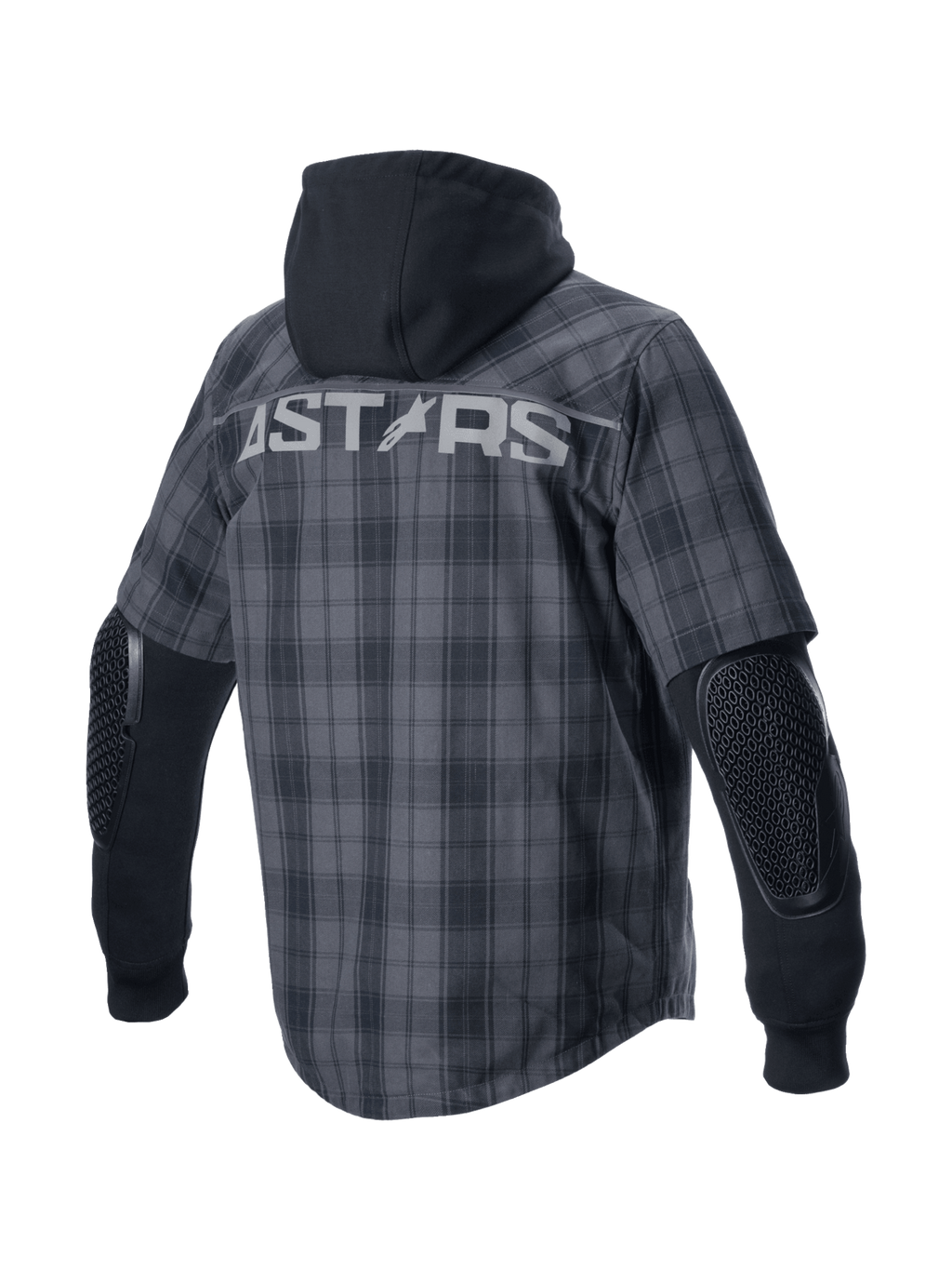 Alpinestars MO.ST.EQ Tartan Shirt in Gray and Black, urban motorcycle riding shirt with exposed armor and a fixed hoodie.