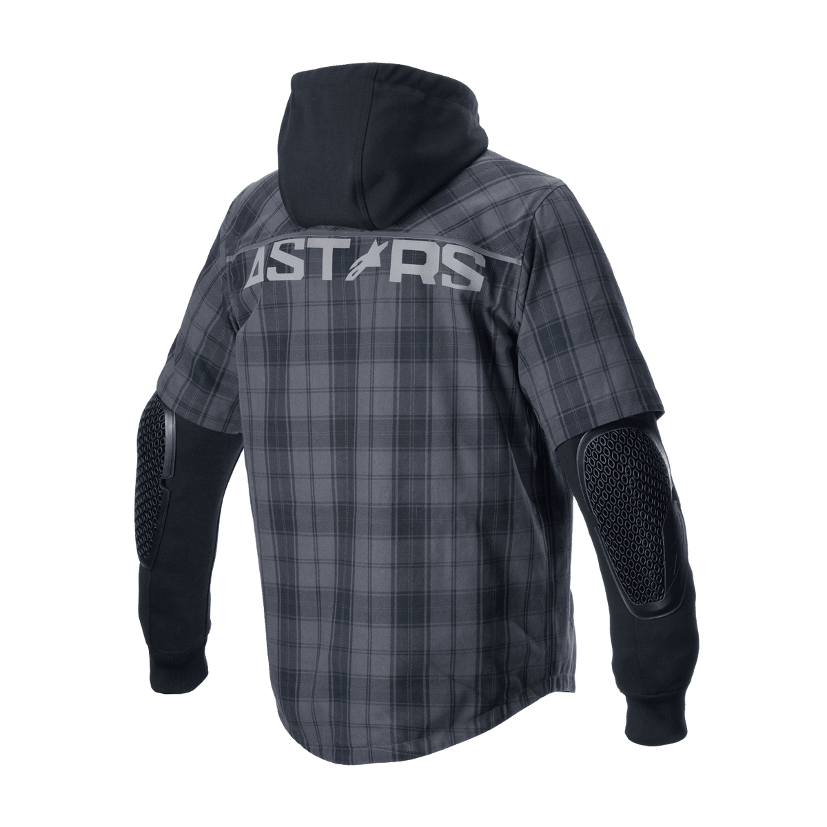 Alpinestars MO.ST.EQ Tartan Shirt, urbane Motorradjacke, Tar Gray Black, Rückansicht mit „ASTARS“-Branding über den Schultern, einer festen schwarzen Kapuze und sichtbarer Waben-Ellbogenpanzerung an langen schwarzen Ärmeln