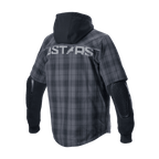 Alpinestars MO.ST.EQ Tartan Shirt, Urban Motorcycle Jacket, Tar Gray Black, back view featuring 'ASTARS' branding across the shoulders, a fixed black hood, and exposed honeycomb elbow armor on long black sleeves