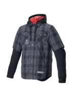 Alpinestars MO.ST.EQ Tartan Shirt, gray and black armored riding garment with a red-lined hood for urban motorcycle style.