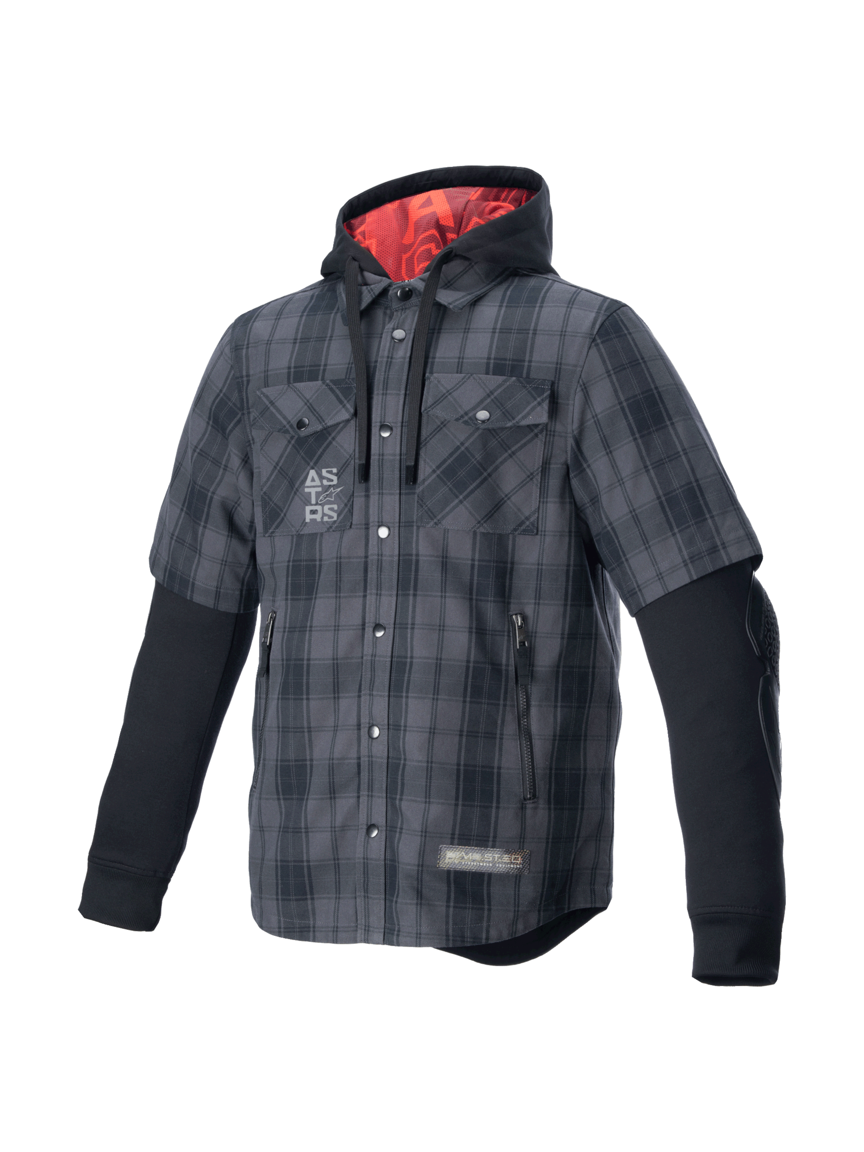 Alpinestars chemise MO.ST.EQ Tartan, surchemise de moto grise et noire, capuche à doublure rouge, protections, style urbain.