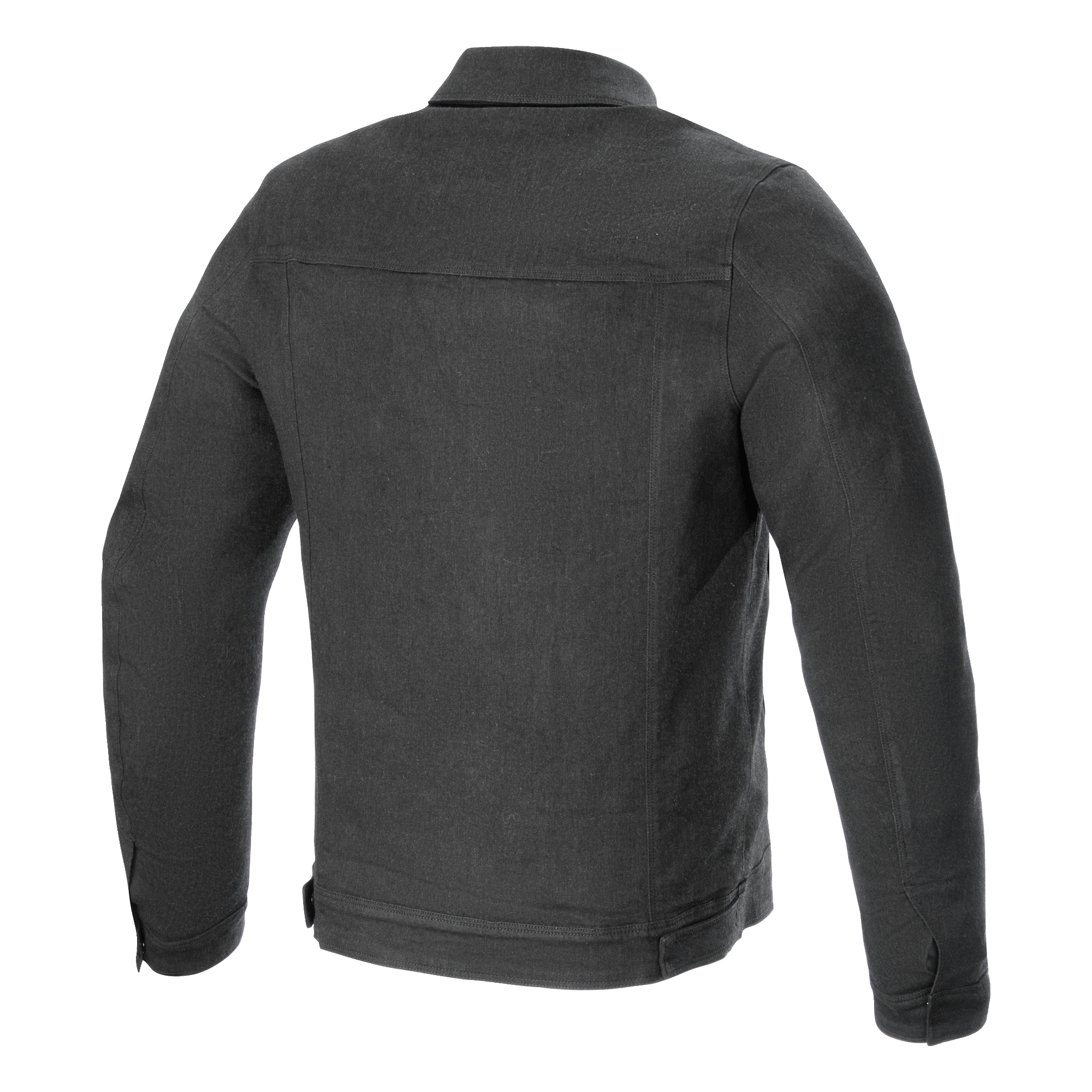 Alpinestars Garage Jacke, Rückansicht, Smoke Gray, urbane Denim-Motorradjacke mit horizontaler Rückenpasse und vertikalen Nahtdetails, Workwear-inspirierter Stil für das Fahren auf der Straße.