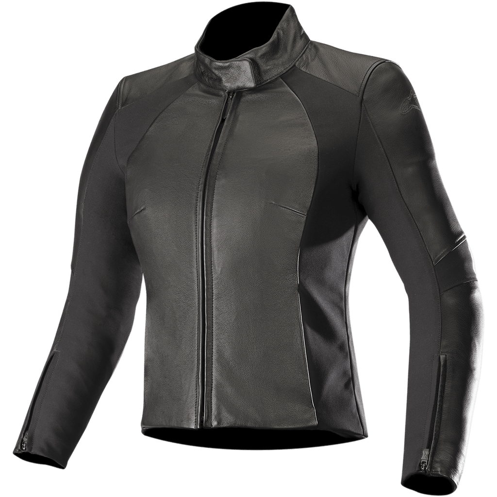 Alpinestars Stella Vika V2 leren jas, dames motorjas, zwart, slanke nauwsluitende pasvorm met hoge kraag en ritssluiting aan de voorzijde, combinatie van glad leer en matte aramide stretch zijpanelen, mouwopeningen met rits, minimalistisch ontwerp voor op de weg
