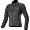 Alpinestars Stella Vika V2 leren jas, dames motorjas, zwart, slanke nauwsluitende pasvorm met hoge kraag en ritssluiting aan de voorzijde, combinatie van glad leer en matte aramide stretch zijpanelen, mouwopeningen met rits, minimalistisch ontwerp voor op de weg