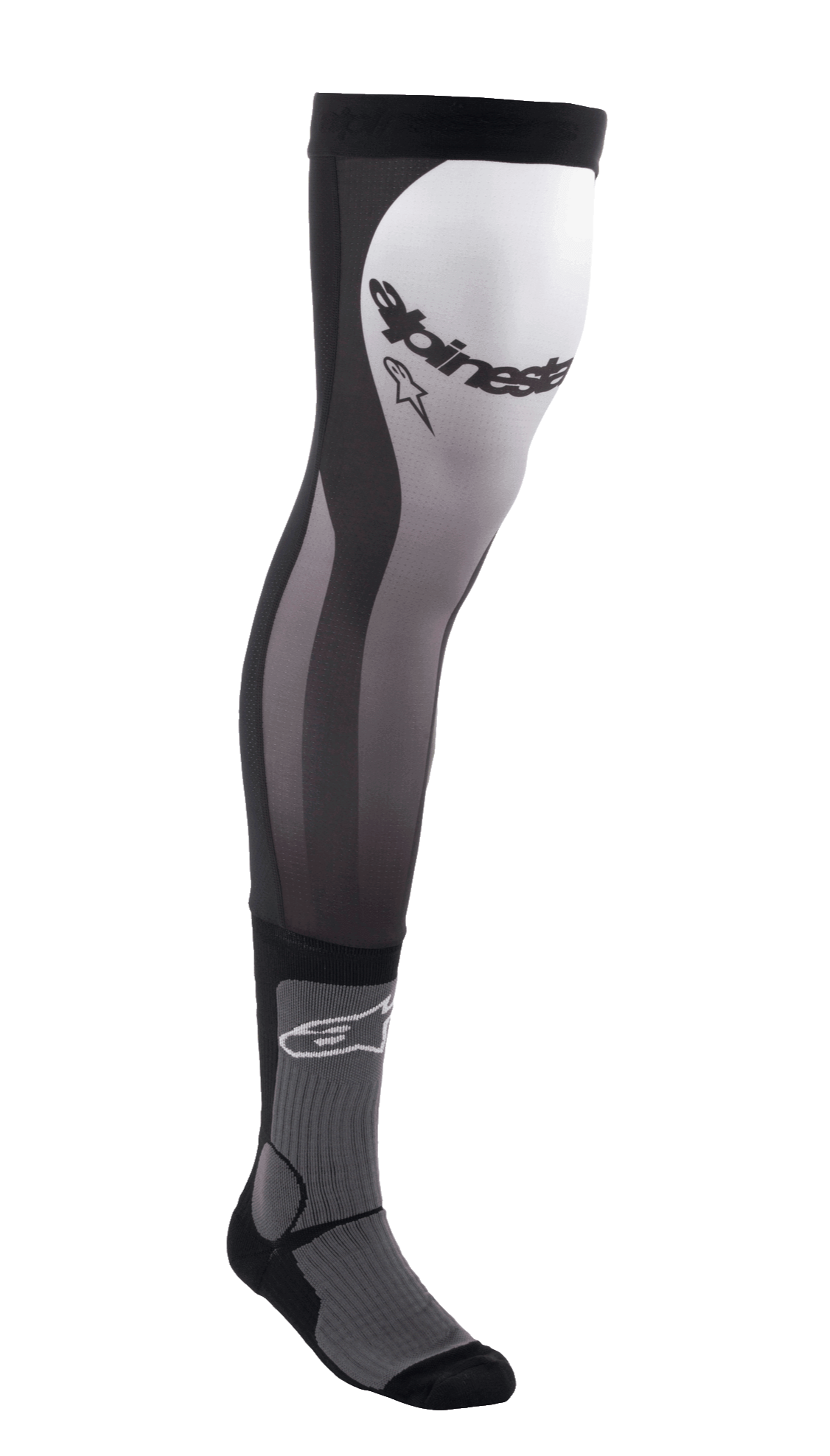 Alpinestars Knee Brace Socks, lange motorcross sokken, zwart, wit en grijs, over-de-knie ontwerp met stretch Lycra bovenstuk, mesh-inzetstukken, geribbelde enkelpadding en Alpinestars-logo op de dij