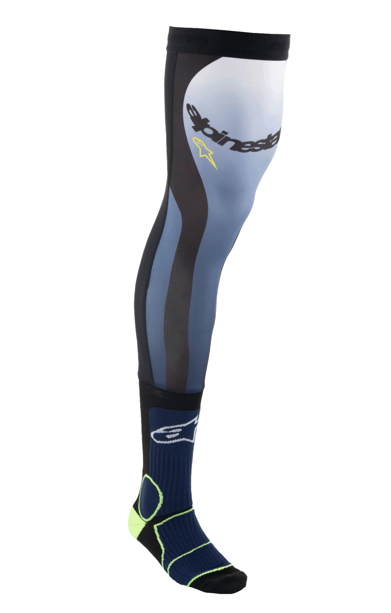 Alpinestars Knee Brace Socks, lange motorcross rij-sokken, Night Navy en Yellow Fluo, voorzien van een stretch Lycra bovenkant met mesh inzetstukken, siliconen griprand en gewatteerde enkelondersteuning voor off-road bescherming
