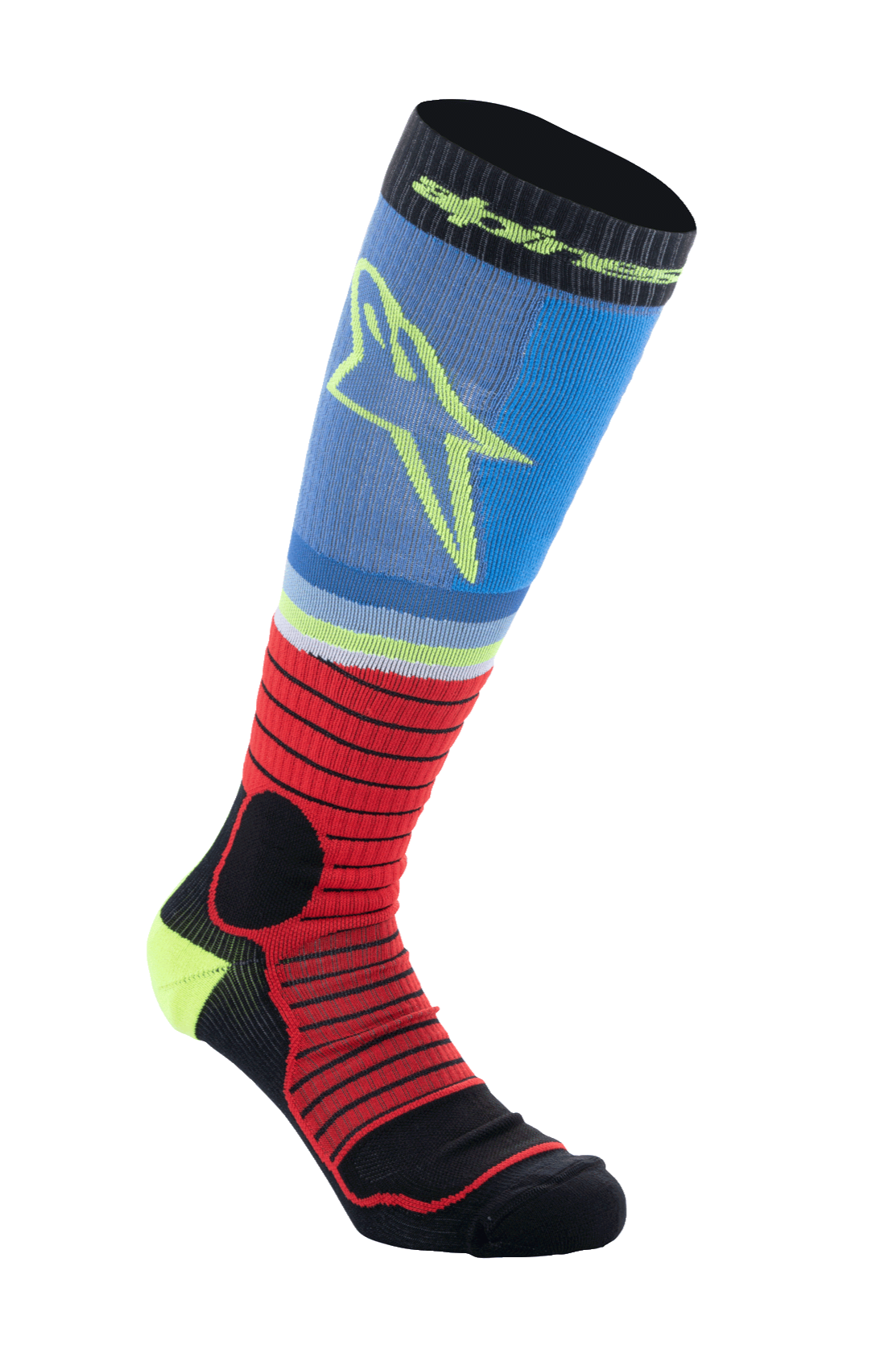 Alpinestars MX Pro Socks V2, chaussettes hautes de motocross, noir, rouge et bleu clair, design sportif côtelé avec logo étoile jaune, tissu technique évacuant l'humidité pour la course tout-terrain