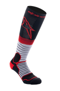 Alpinestars MX Pro Sokken V2, motorcross kniekousen, zwart, grijs en rood, rood Astar-logo op de kuit, grijs middengedeelte met dunne horizontale zwarte strepen, versterkte rode vulling op de hiel en enkel, vochtafvoerende prestatiesokken voor off-road rijden