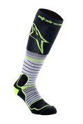 Alpinestars MX Pro Socks V2, chaussettes de motocross, noir, gris et jaune fluo, hautes avec design à rayures horizontales et grand logo jaune, avec rembourrage renforcé pour bottes de moto tout-terrain.