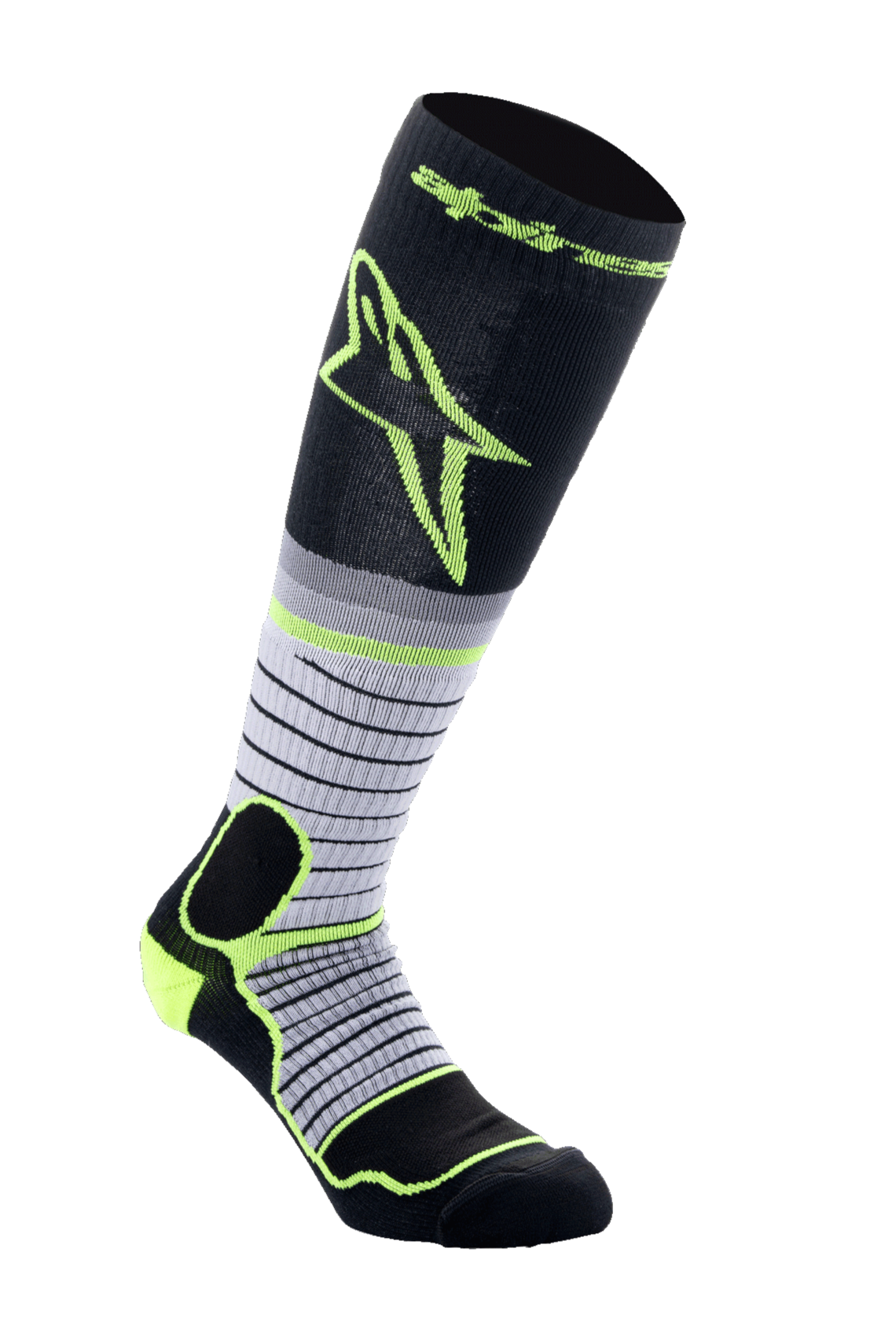 Alpinestars MX Pro Socks V2, chaussettes de motocross, noir, gris et jaune fluo, hautes avec design à rayures horizontales et grand logo jaune, avec rembourrage renforcé pour bottes de moto tout-terrain.