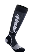 Alpinestars MX Plus sokken, motorcross kniesokken, zwart en grijs, wit logo, met geribbelde kuitondersteuning, verstevigde hiel en teen, en ademende mesh-voetzone, technisch prestatiegericht ontwerp voor off-road laarzen